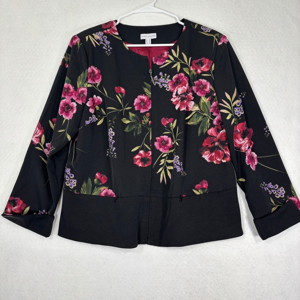 Susan Graver Floral Print Zip Front Jacket Regular Fit 16 Professional Career
